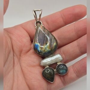 Amazing Rainbow Labradorite and Baroque Pearl Pendant